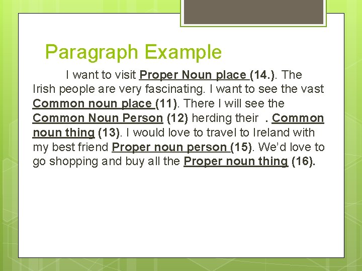 Paragraph Example I want to visit Proper Noun place (14. ). The Irish people