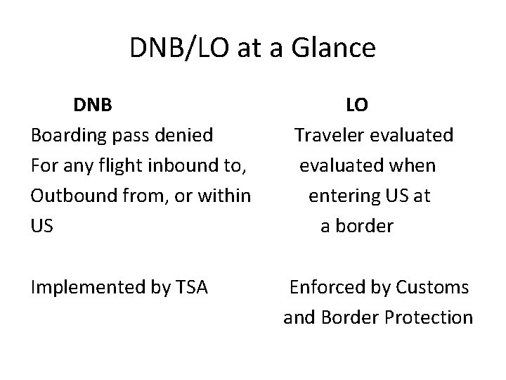 DNB/LO at a Glance DNB Boarding pass denied For any flight inbound to, Outbound