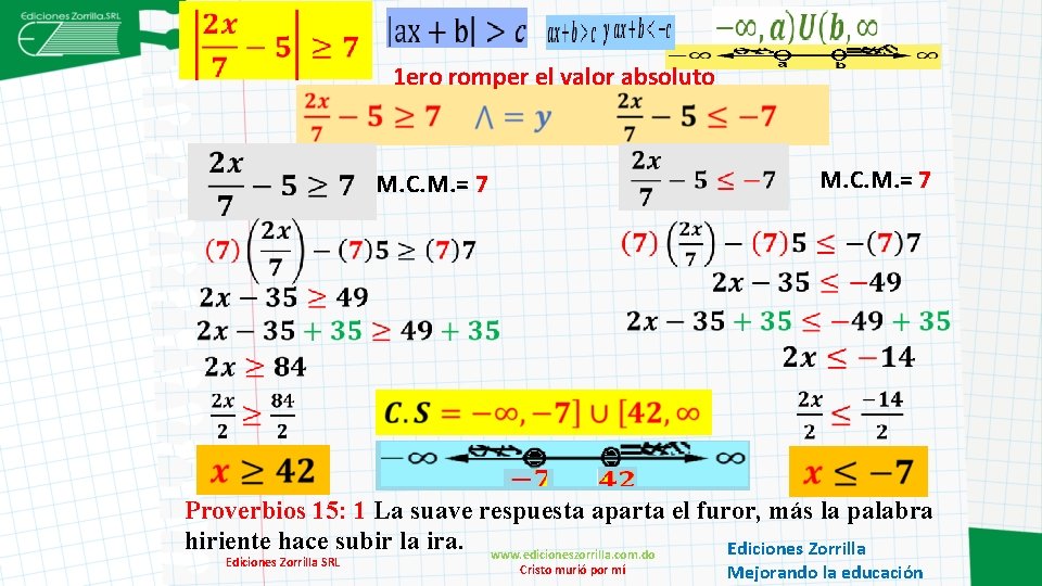  1 ero romper el valor absoluto M. C. M. = 7 Proverbios 15: