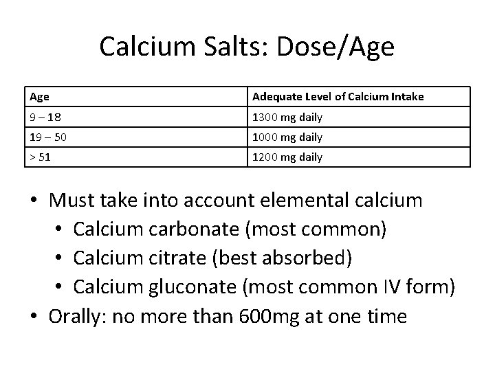 Calcium Salts: Dose/Age Adequate Level of Calcium Intake 9 – 18 1300 mg daily