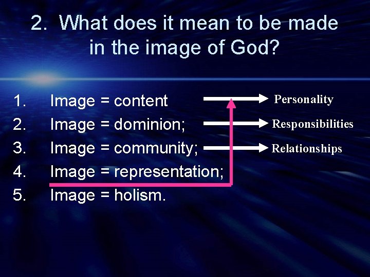 2. What does it mean to be made in the image of God? 1.