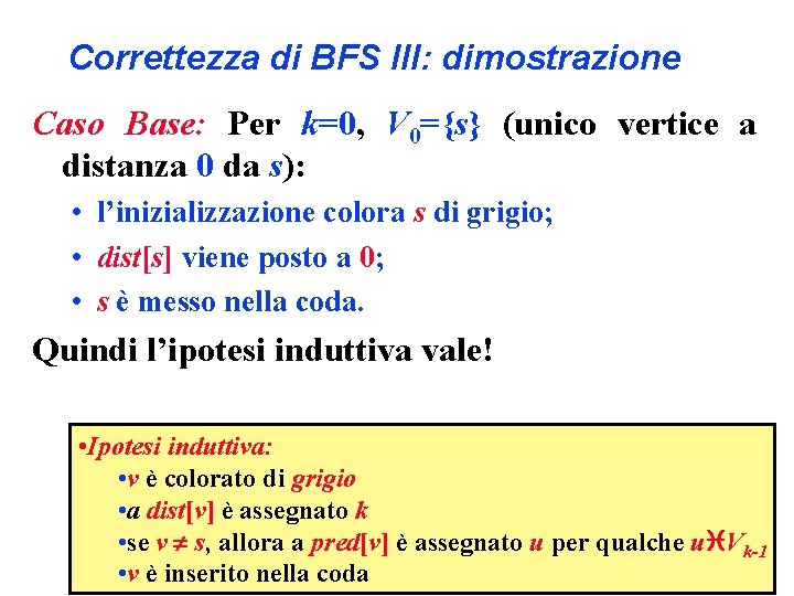 Correttezza di BFS III: dimostrazione Caso Base: Per k=0, V 0={s} (unico vertice a