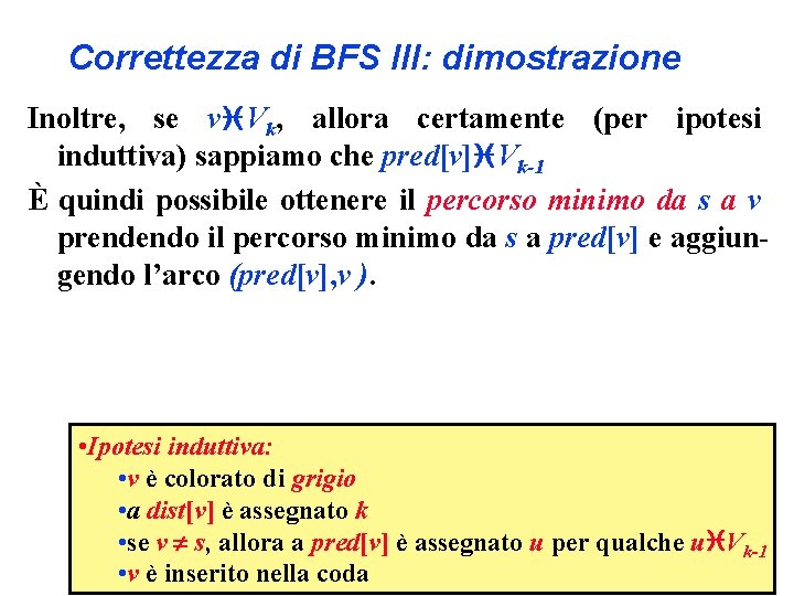 Correttezza di BFS III: dimostrazione Inoltre, se v Vk, allora certamente (per ipotesi induttiva)