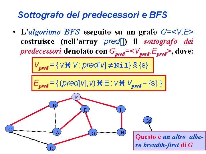 Sottografo dei predecessori e BFS • L’algoritmo BFS eseguito su un grafo G=<V, E>