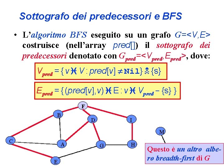 Sottografo dei predecessori e BFS • L’algoritmo BFS eseguito su un grafo G=<V, E>