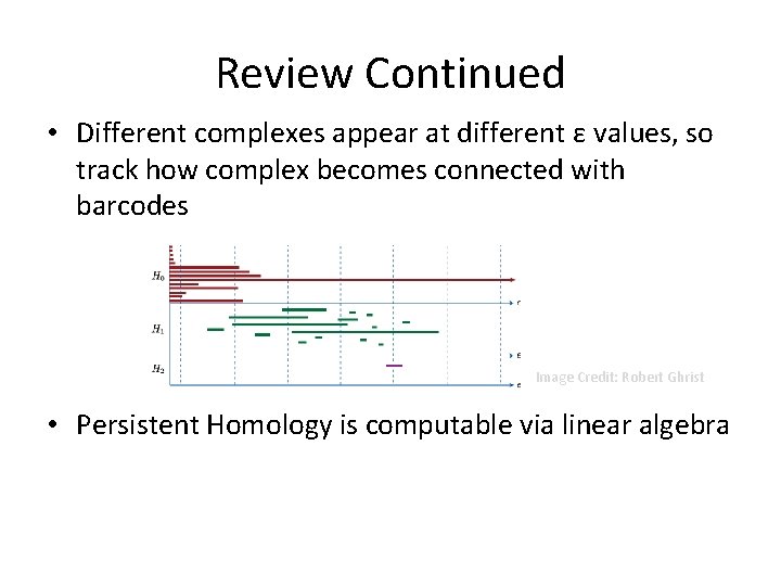 Review Continued • Different complexes appear at different ε values, so track how complex