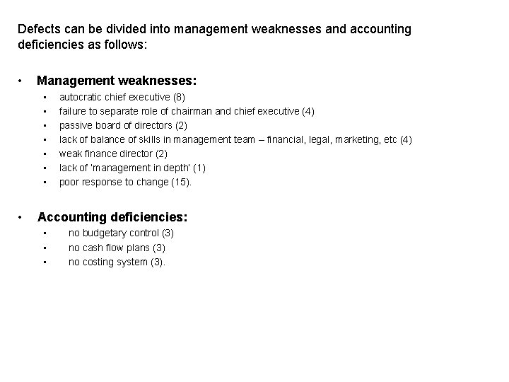 Defects can be divided into management weaknesses and accounting deficiencies as follows: • Management