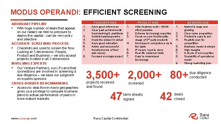 MODUS OPERANDI: EFFICIENT SCREENING ABUNDANT PIPELINE • With huge number of deals that appear