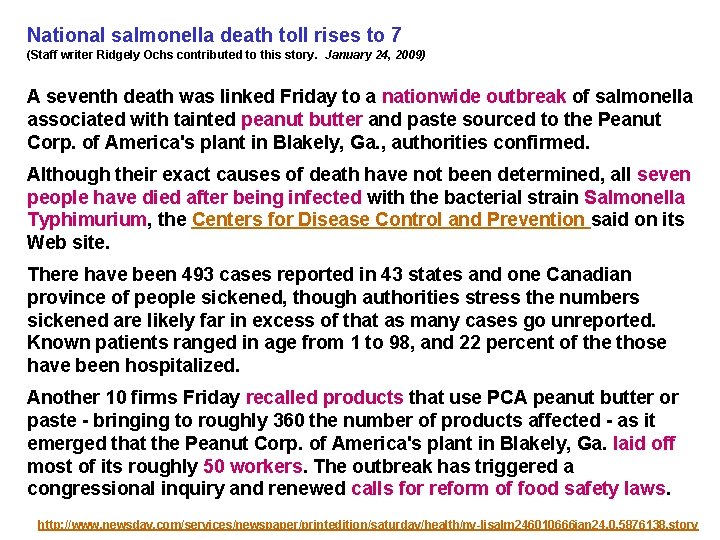 National salmonella death toll rises to 7 (Staff writer Ridgely Ochs contributed to this