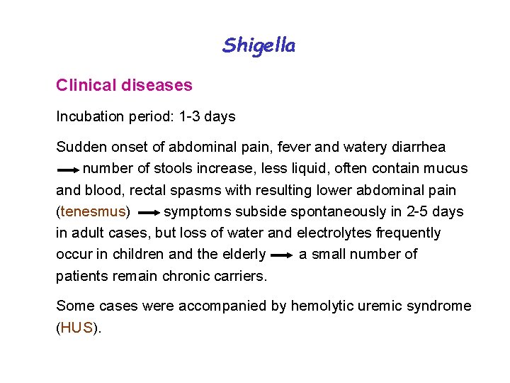 Shigella Clinical diseases Incubation period: 1 -3 days Sudden onset of abdominal pain, fever