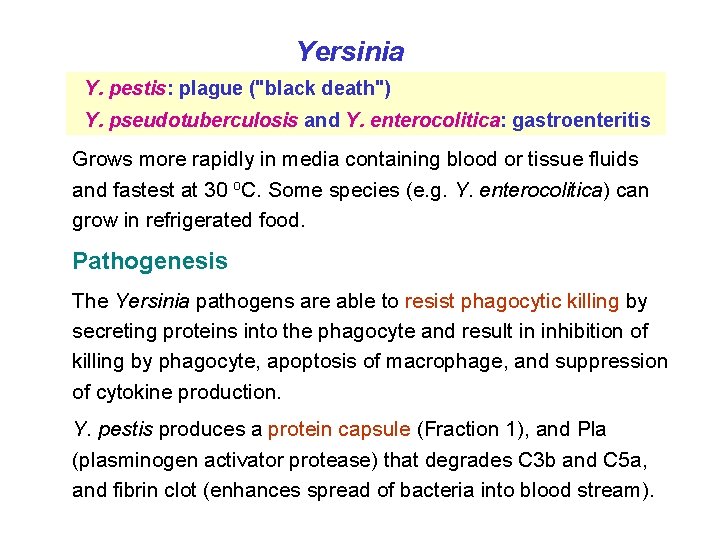 Yersinia Y. pestis: plague ("black death") Y. pseudotuberculosis and Y. enterocolitica: gastroenteritis Grows more