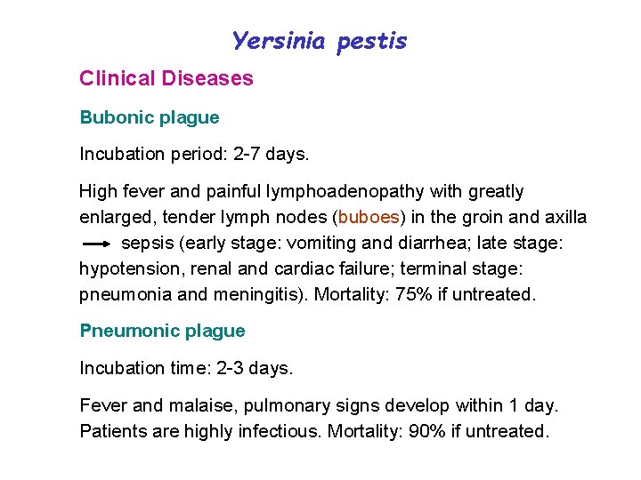 Yersinia pestis Clinical Diseases Bubonic plague Incubation period: 2 -7 days. High fever and