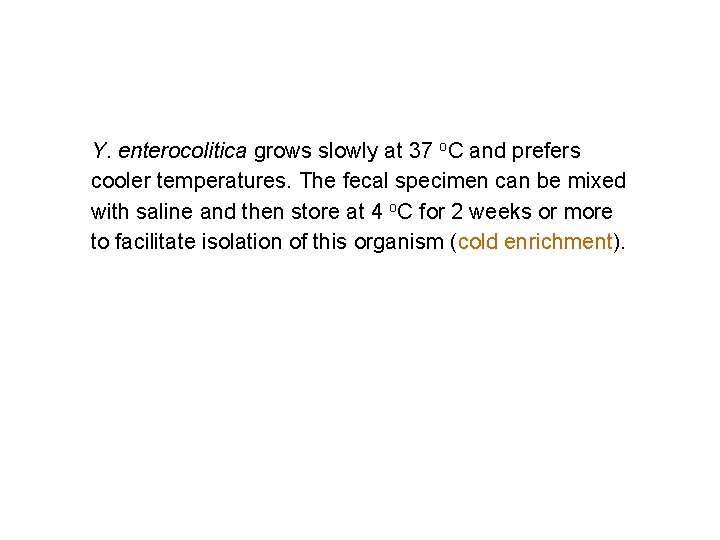 Y. enterocolitica grows slowly at 37 o. C and prefers cooler temperatures. The fecal