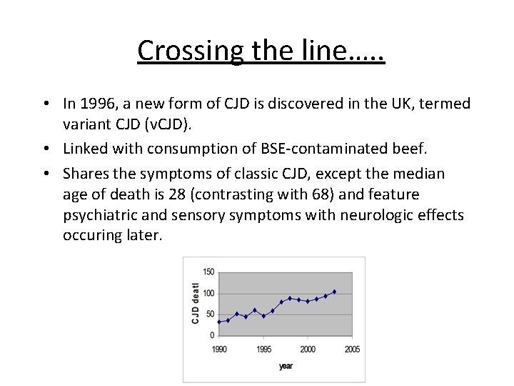 Crossing the line…. . • In 1996, a new form of CJD is discovered