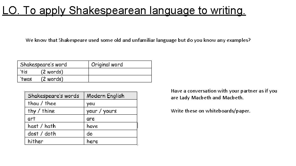 LO. To apply Shakespearean language to writing. We know that Shakespeare used some old