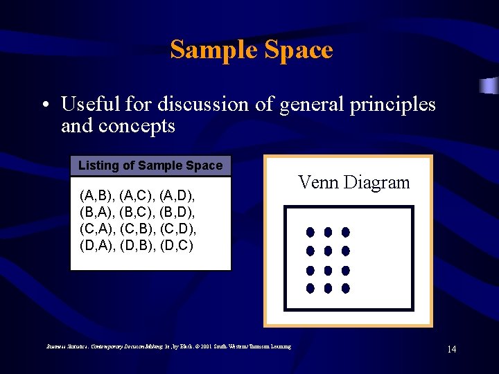 Sample Space • Useful for discussion of general principles and concepts Listing of Sample