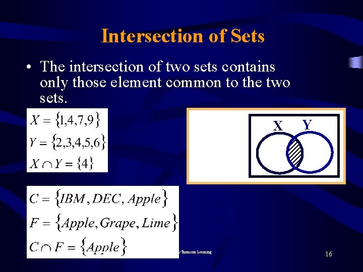 Intersection of Sets • The intersection of two sets contains only those element common