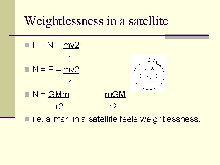 Weightlessness in a satellite n F – N = mv 2 r n N