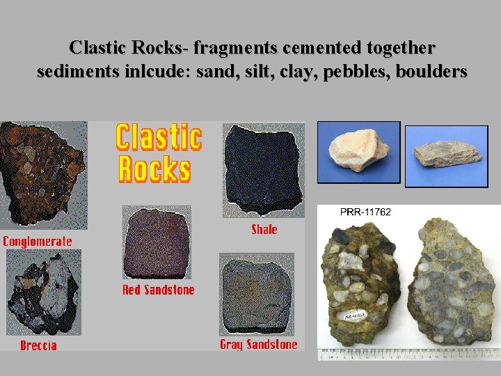 Clastic Rocks- fragments cemented together sediments inlcude: sand, silt, clay, pebbles, boulders 