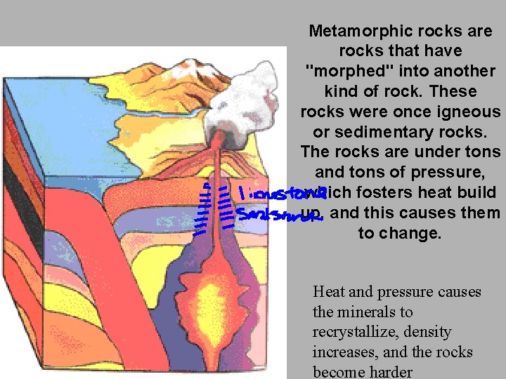 Metamorphic rocks are rocks that have "morphed" into another kind of rock. These rocks Metamorphic rocks are rocks that have "morphed" into another kind of rock. These rocks