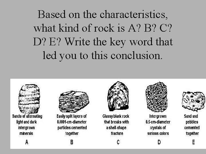Based on the characteristics, what kind of rock is A? B? C? D? E?