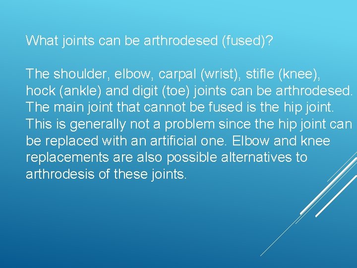 What joints can be arthrodesed (fused)? The shoulder, elbow, carpal (wrist), stifle (knee), hock