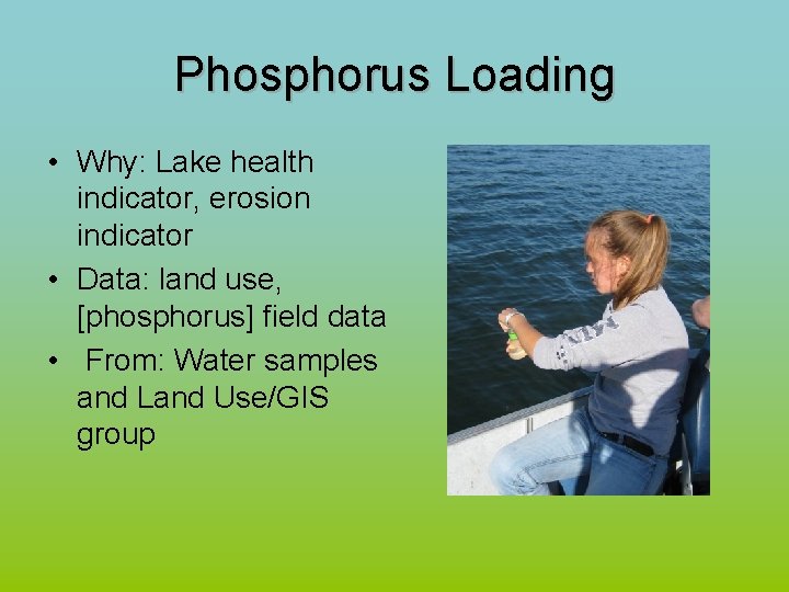 Phosphorus Loading • Why: Lake health indicator, erosion indicator • Data: land use, [phosphorus]