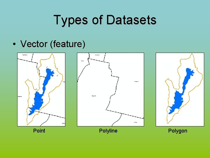 Types of Datasets • Vector (feature) Point Polyline Polygon 