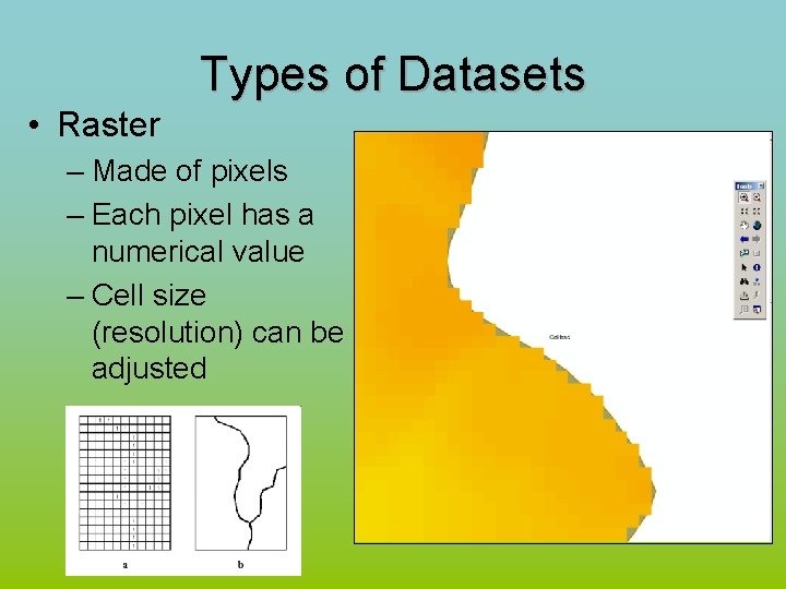 Types of Datasets • Raster – Made of pixels – Each pixel has a