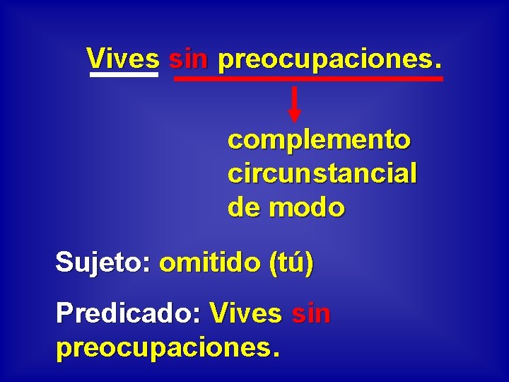 Vives sin preocupaciones. complemento circunstancial de modo Sujeto: omitido (tú) Predicado: Vives sin preocupaciones.