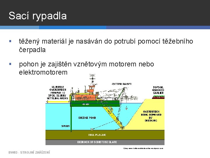 Sací rypadla § těžený materiál je nasáván do potrubí pomocí těžebního čerpadla § pohon