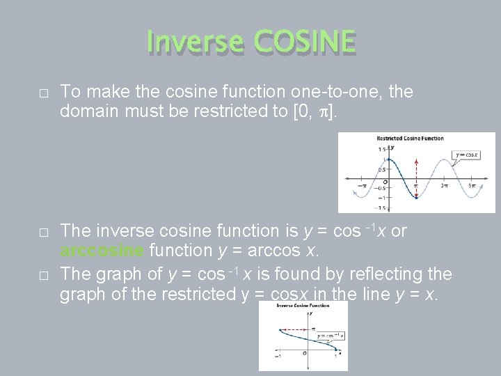 Inverse COSINE � To make the cosine function one-to-one, the domain must be restricted