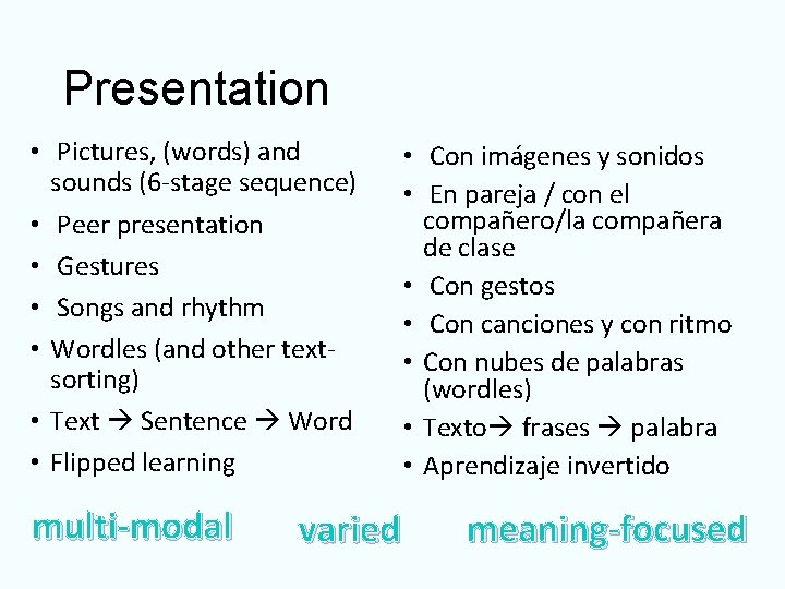 Presentation • Pictures, (words) and sounds (6 -stage sequence) • Peer presentation • Gestures