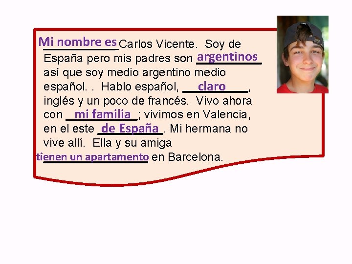 Mi nombre es Carlos Vicente. Soy de ______ argentinos España pero mis padres son