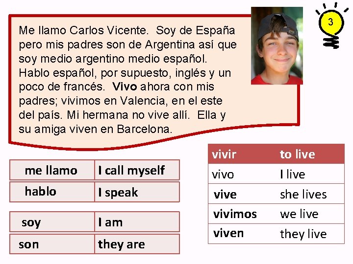 3 Me llamo Carlos Vicente. Soy de España pero mis padres son de Argentina