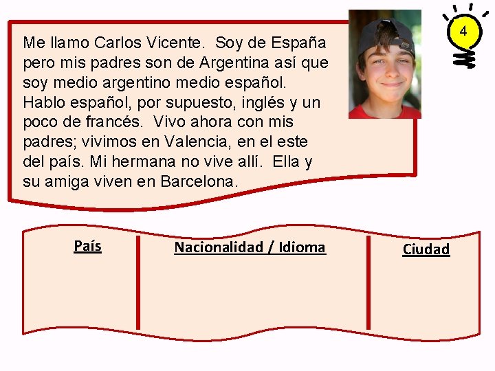 4 Me llamo Carlos Vicente. Soy de España pero mis padres son de Argentina