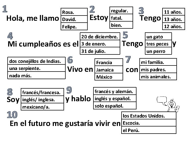 1 Hola, me llamo 4 Rosa. David. Felipe. Mi cumpleaños es el dos conejillos