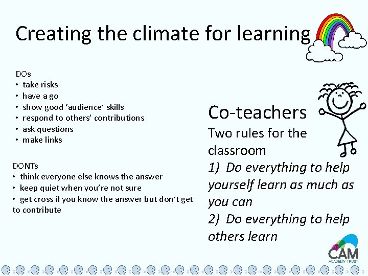 Creating the climate for learning DOs • take risks • have a go •