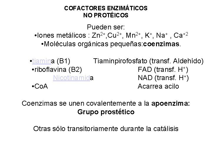 COFACTORES ENZIMÁTICOS NO PROTÉICOS Pueden ser: • Iones metálicos : Zn 2+, Cu 2+,