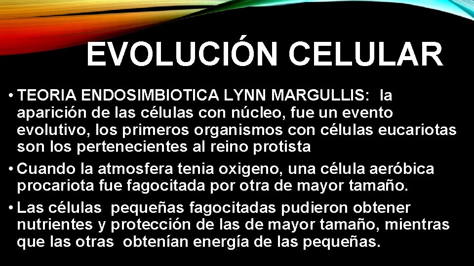 EVOLUCIÓN CELULAR • TEORIA ENDOSIMBIOTICA LYNN MARGULLIS: la aparición de las células con núcleo,