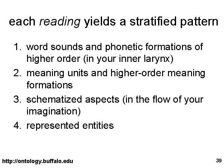 each reading yields a stratified pattern 1. word sounds and phonetic formations of higher