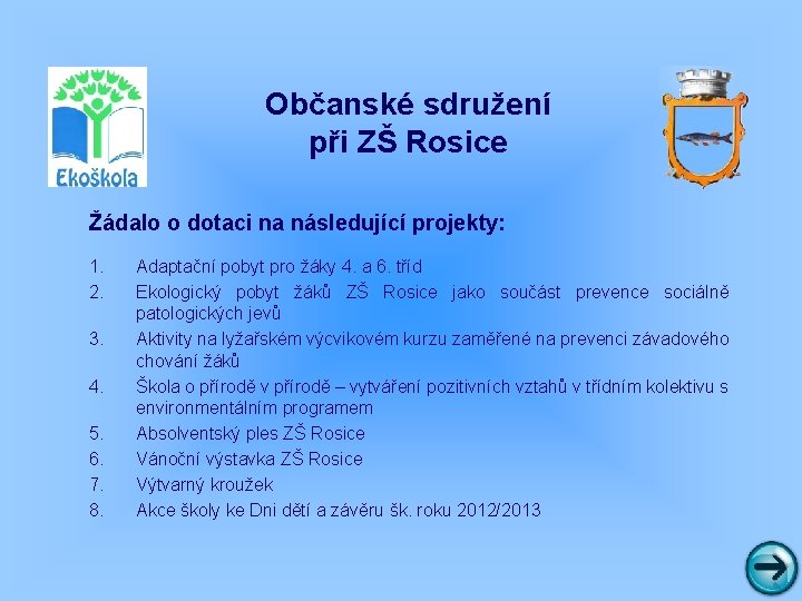 Občanské sdružení při ZŠ Rosice Žádalo o dotaci na následující projekty: 1. 2. 3.