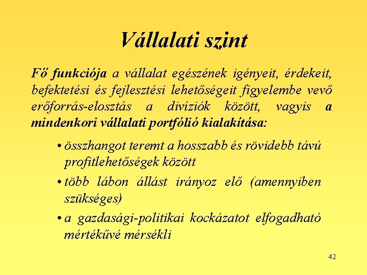 Vállalati szint Fő funkciója a vállalat egészének igényeit, érdekeit, befektetési és fejlesztési lehetőségeit figyelembe