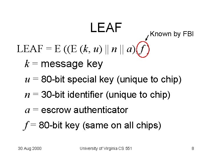 LEAF Known by FBI LEAF = E ((E (k, u) || n || a),