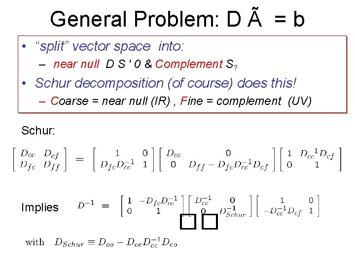 General Problem: D Ã = b • “split” vector space into: – near null