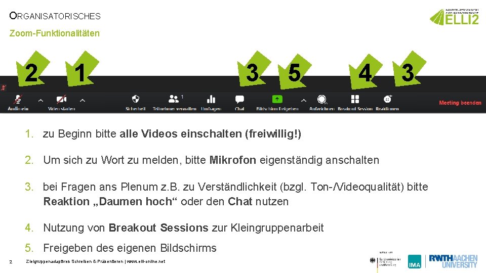 ORGANISATORISCHES Zoom-Funktionalitäten 2 1 3 5 4 3 1. zu Beginn bitte alle Videos ORGANISATORISCHES Zoom-Funktionalitäten 2 1 3 5 4 3 1. zu Beginn bitte alle Videos