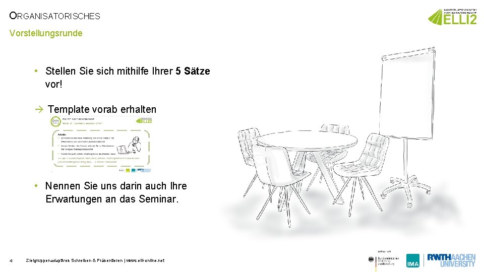 ORGANISATORISCHES Vorstellungsrunde • Stellen Sie sich mithilfe Ihrer 5 Sätze vor! à Template vorab