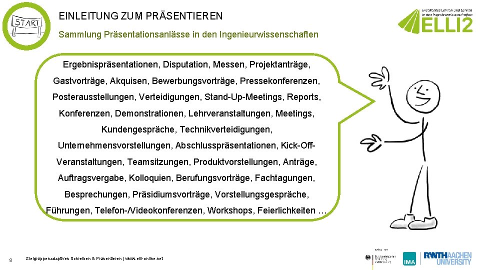 EINLEITUNG ZUM PRÄSENTIEREN Sammlung Präsentationsanlässe in den Ingenieurwissenschaften Ergebnispräsentationen, Disputation, Messen, Projektanträge, Gastvorträge, Akquisen,