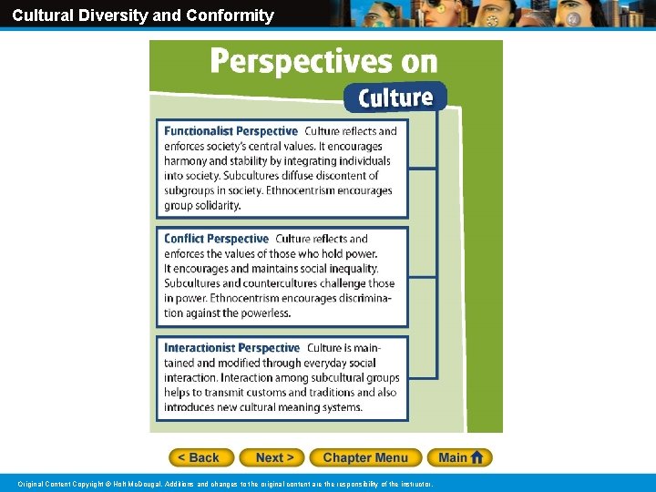 Cultural Diversity and Conformity Original Content Copyright © Holt Mc. Dougal. Additions and changes Cultural Diversity and Conformity Original Content Copyright © Holt Mc. Dougal. Additions and changes