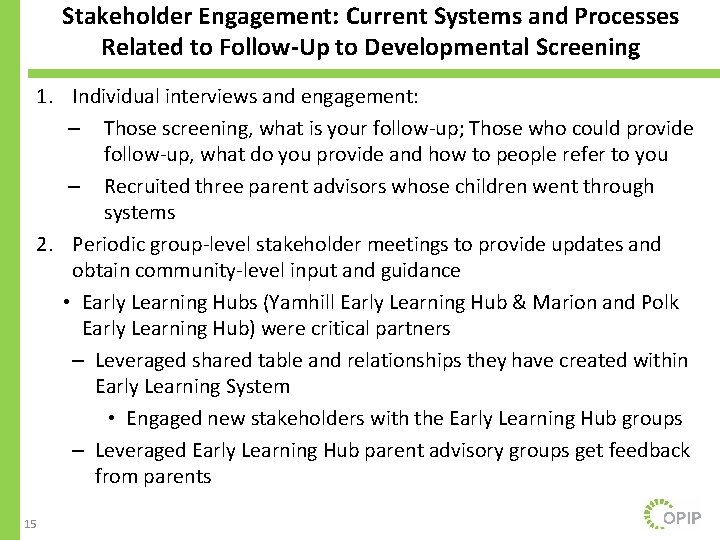 Stakeholder Engagement: Current Systems and Processes Related to Follow-Up to Developmental Screening 1. Individual